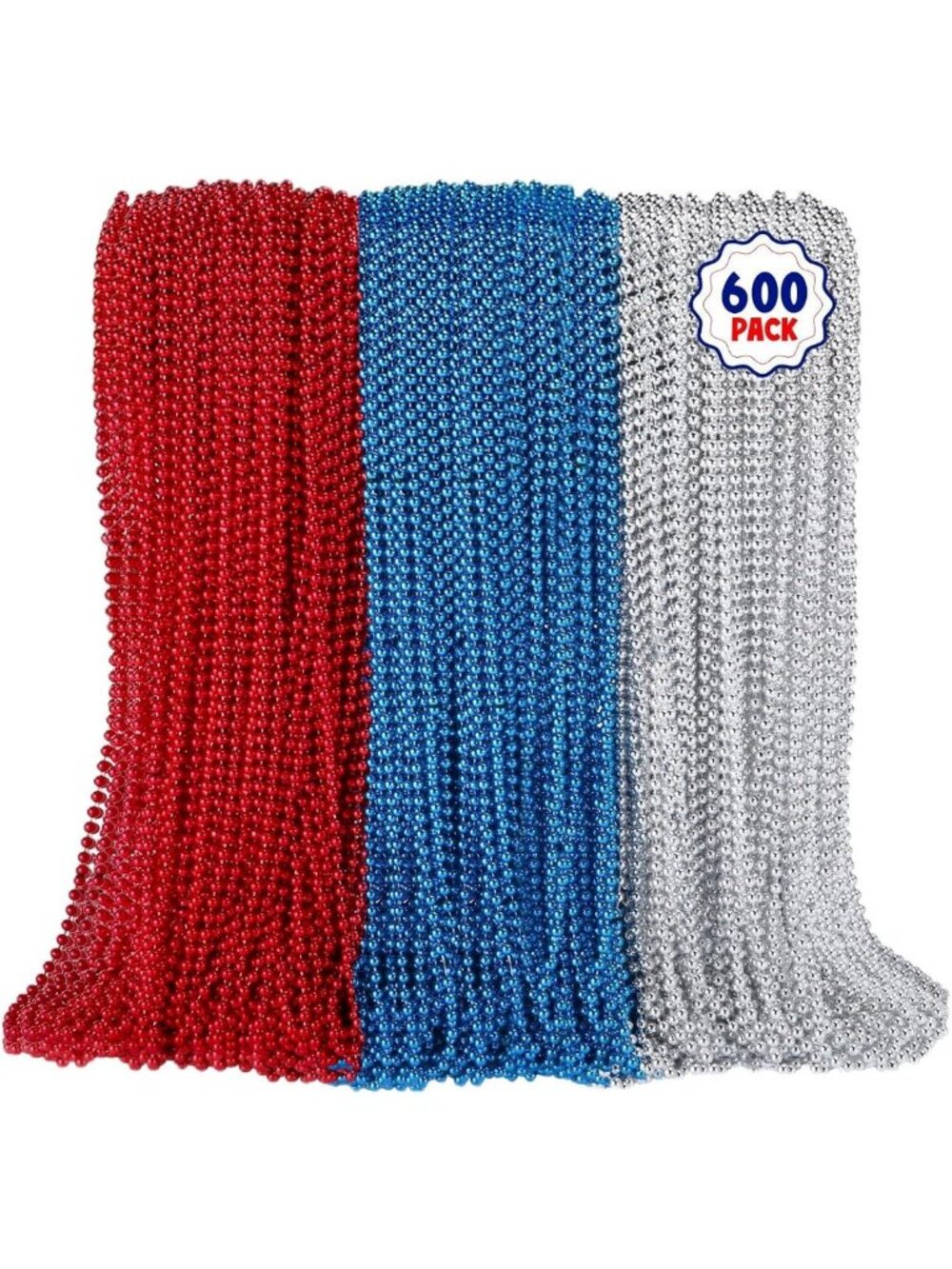 600PCS Patriotic Bead Necklaces - 33" Red, Blue & Silver Accessories for 4th of